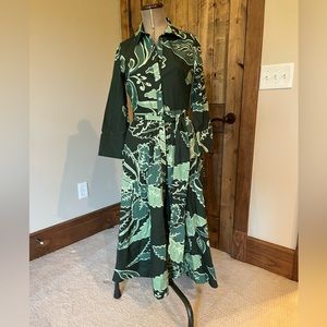 Zara Belted Leaf Print Midi Shirt Dress Collar Large Green Leaves size XS